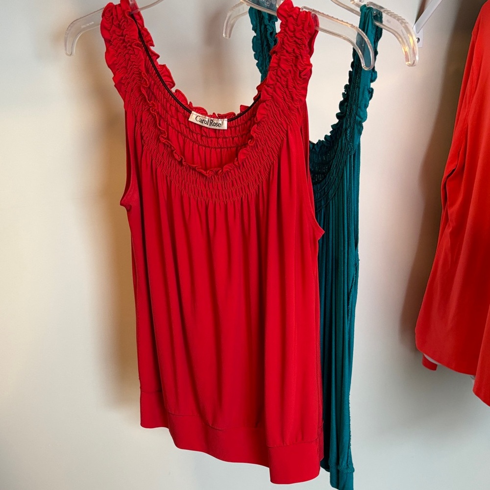 Red and Teal Ruffled Tank Tops